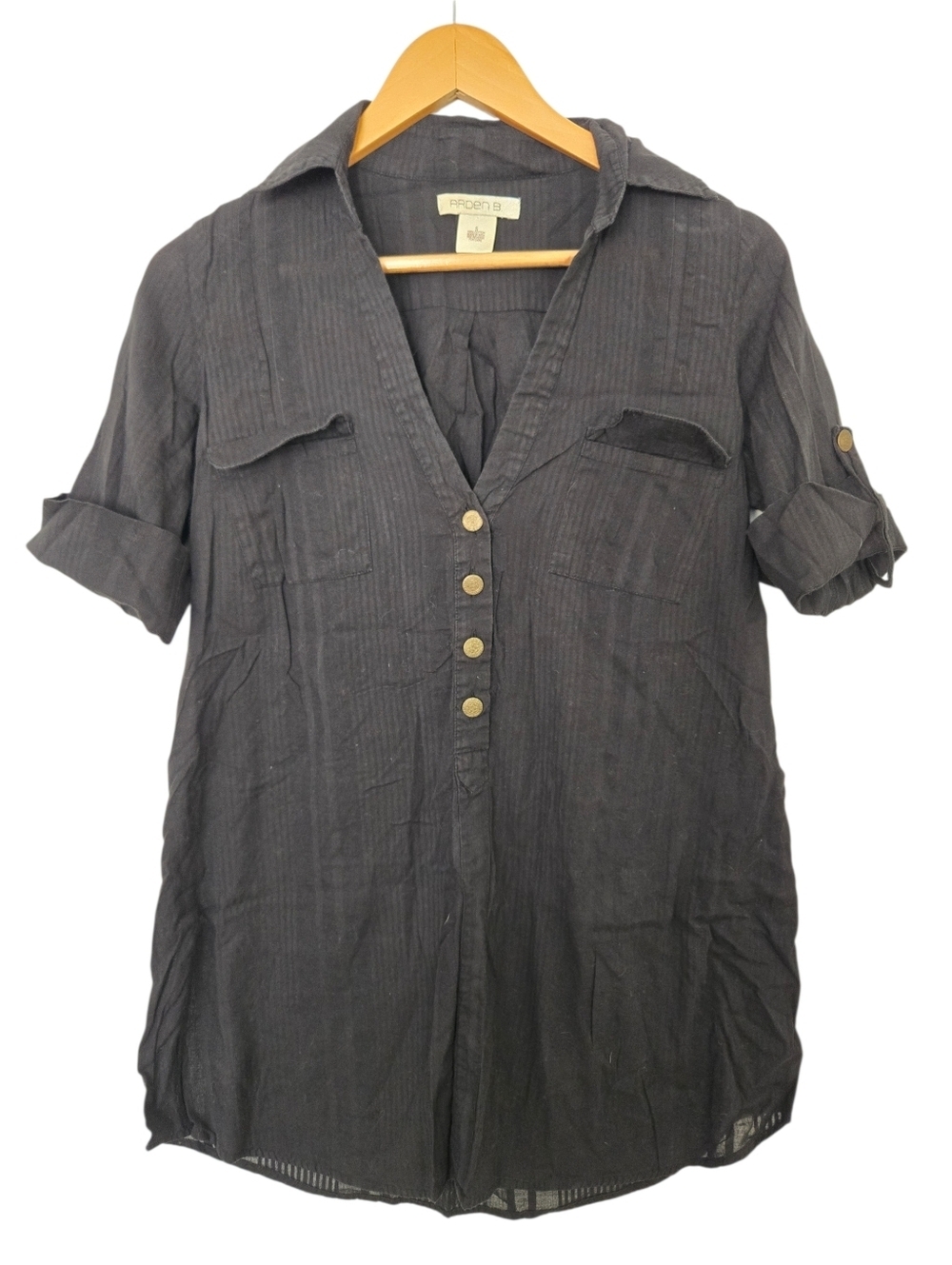 Arden B Black Button Front Blouse Size Small Roll Tab Sleeve Sheer